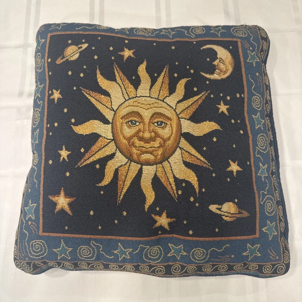 Pair Vyg 90s Celestial Whimsigoth Sun Moon Blue Yellow Tapestry Throw Pillows